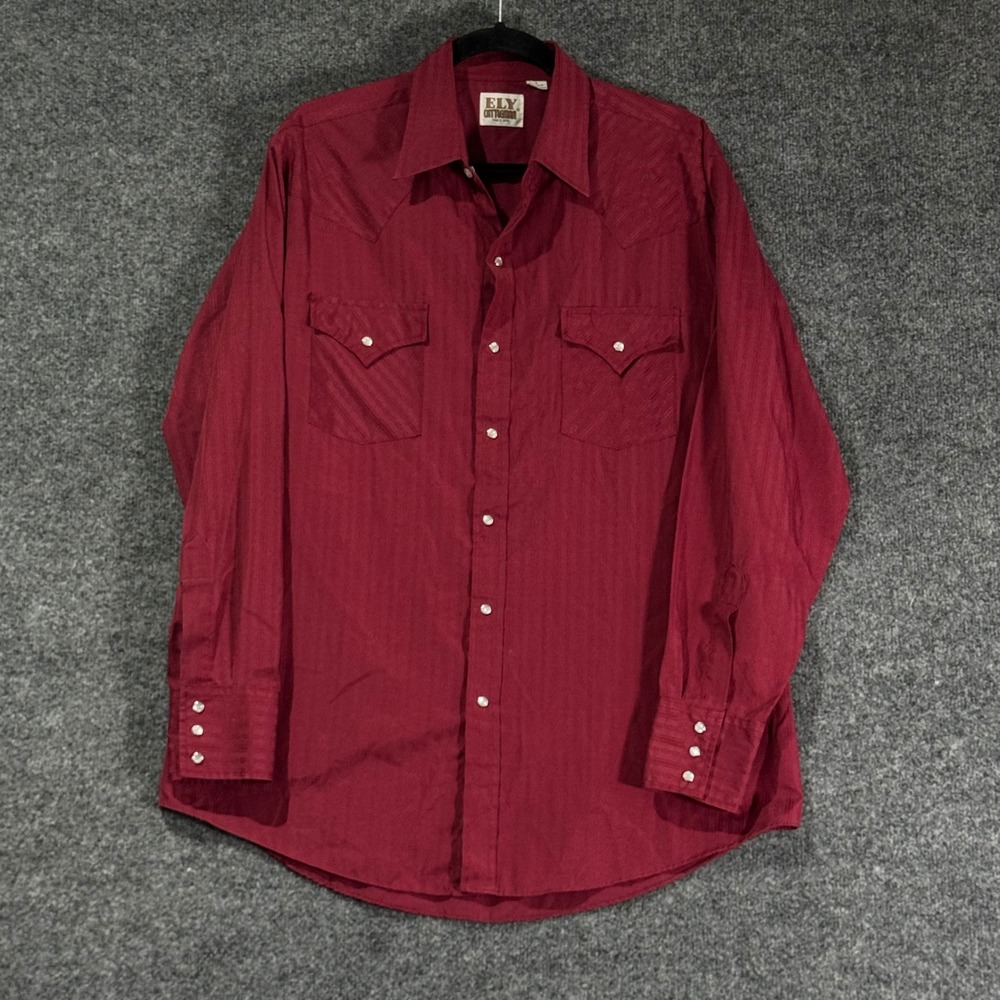 Ely Cattleman Western Shirt Men Large Burgundy Excellent Pearl Snap Jacquard